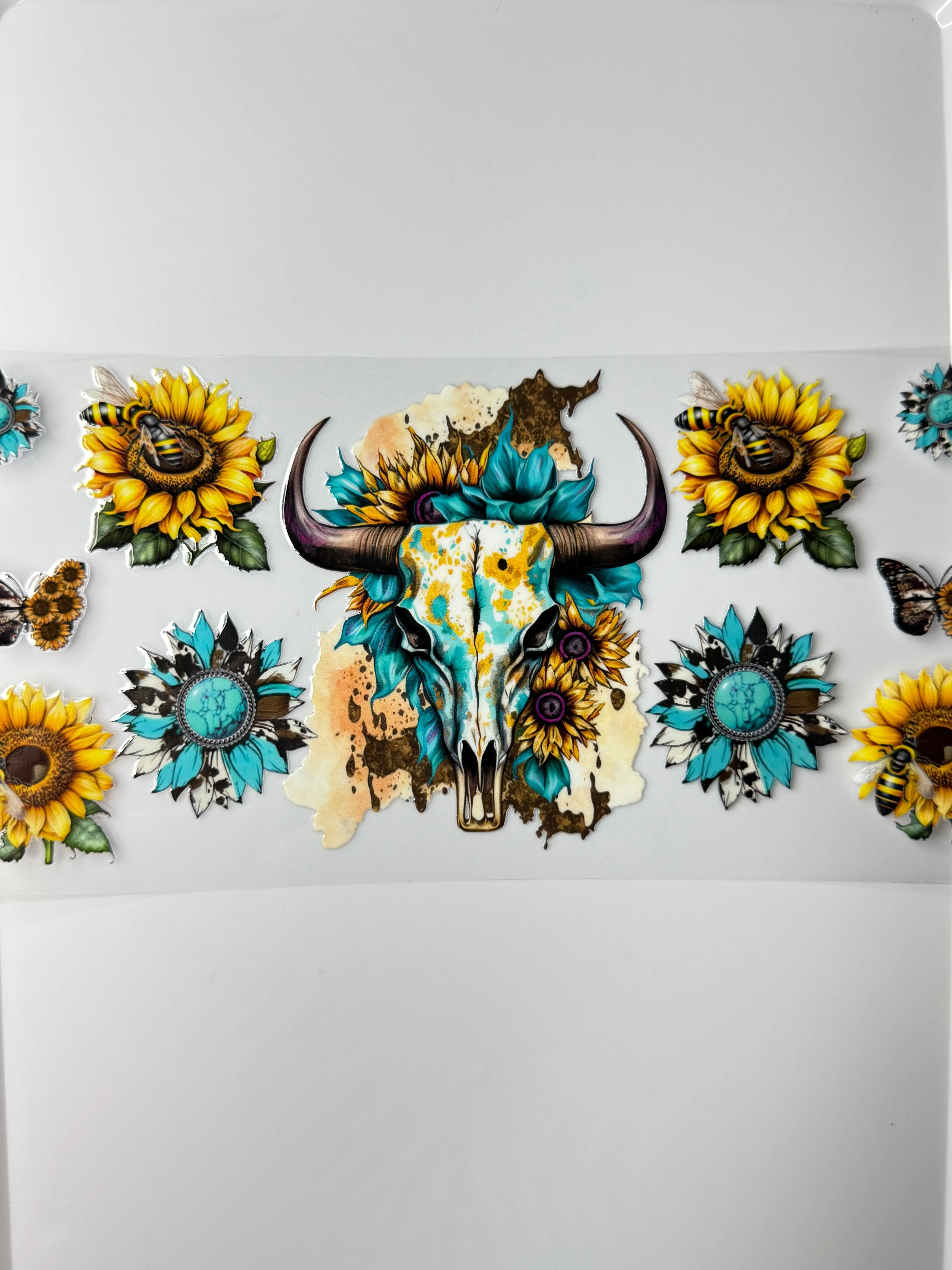 C16- Western Skull with Sunflowers, Bees & Turquoise 16OZ UV DTF Transfer Wrap/Sticker for Cup/Tumbler