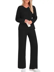 Casual Sets for Women 2 Pieces Autumn New Loungewear Loose V-Neck Long Sleeve Top Strip Knitted Straight Pants Suit Trouser Comfort Lady Womenswear Casual Wear Chic Comfy Fit Basic Fashion Longsleeves Minimalist Clothing Comfortable Style Vneck Fitted