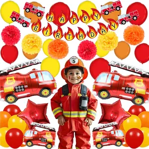 Fire Truck Birthday Party Kit with Fireman Banner, Balloons, Cake Toppers for Boys Party Decor