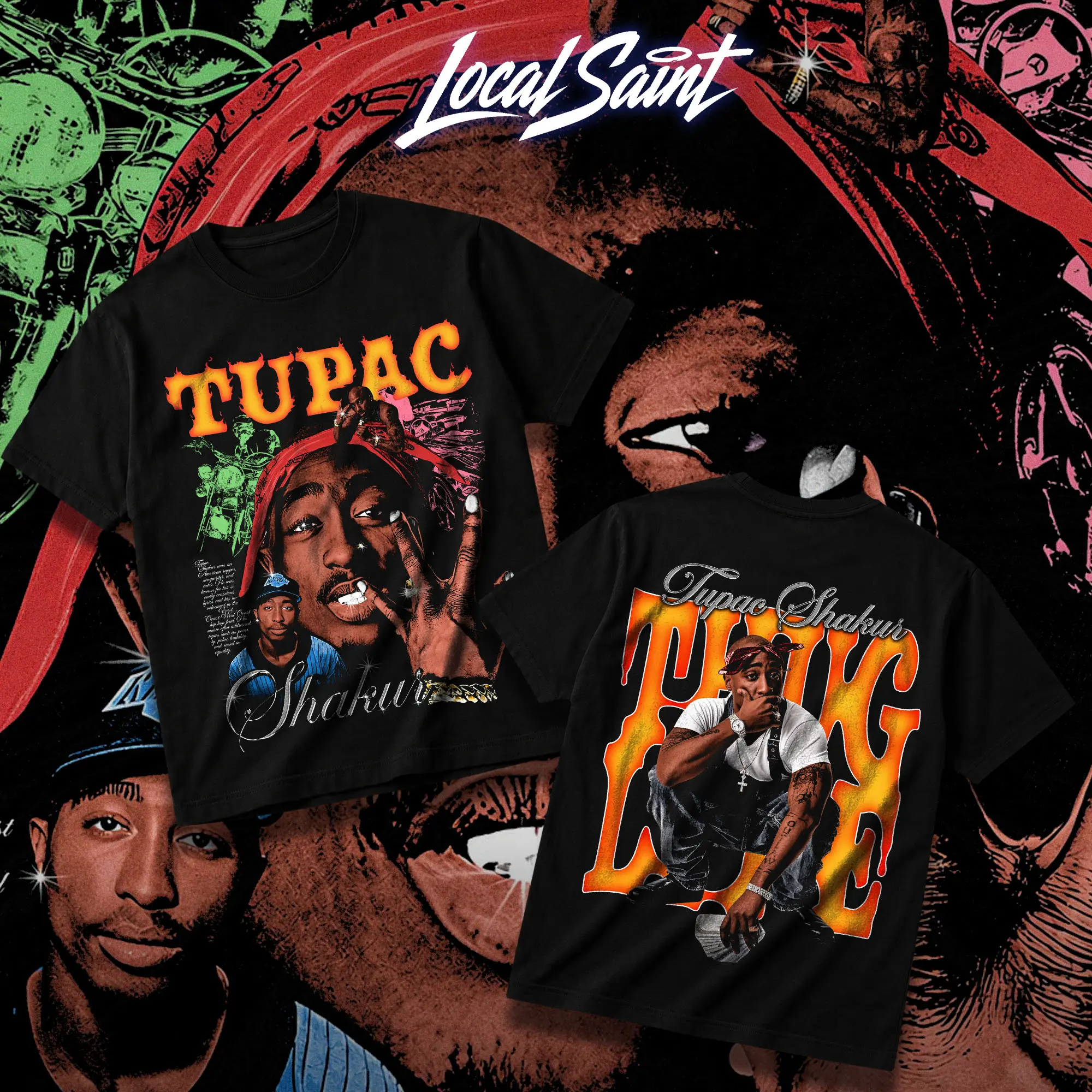 LOCALSAINT Tupac Shakur Thug Life Heavy Cotton Unisex Graphic T-Shirt Hoodie 2Pac West Coast Hip Hop Rap Vintage Streetwear Tee DTG Print