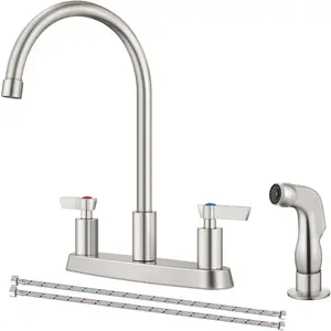 2 Handle 8 Inch Centerset 3 Hole Kitchen Sink Faucet with Sprayer and Supply Lines Brushed Nickel