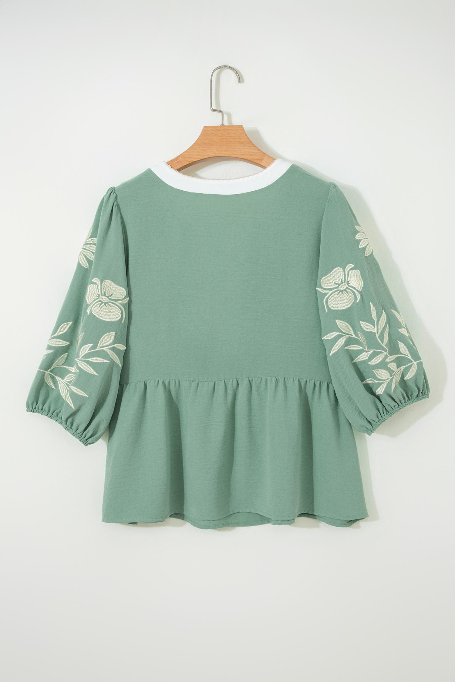 Women's Smoke Green Color Block Patchwork V-Neck Embroidered Puff Sleeve Babydoll Blouse, Casual Everyday Flowy Summer Tops for Women, Cute Preppy Peplum Shirts, Chic Boho Embroidered Blouses, Romantic Aesthetic Apparel