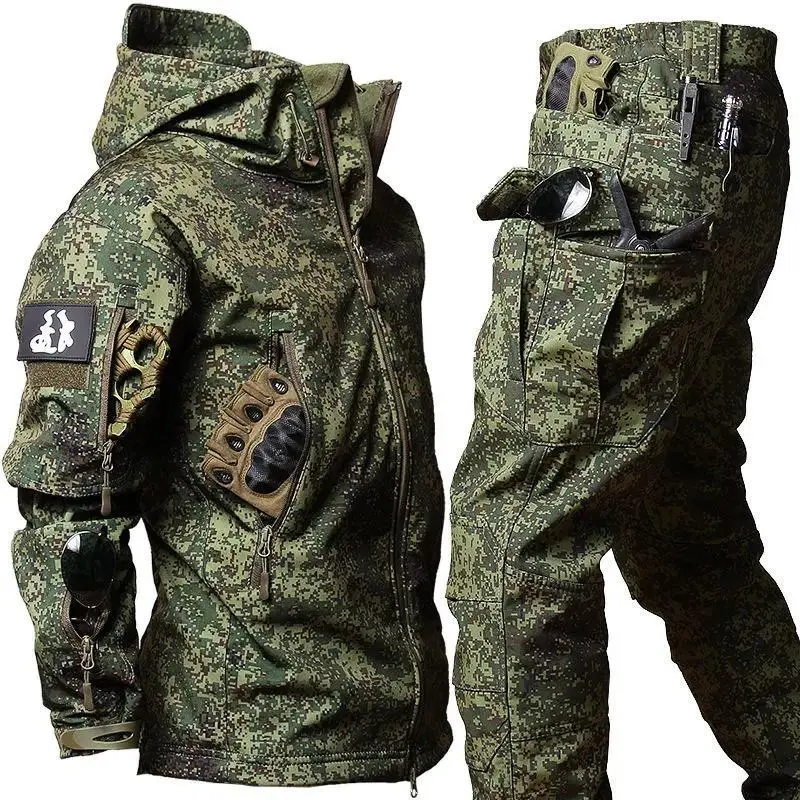 Male Thick Softshell Sharkskin Hooded Tracksuit Set - Winter Outdoor Hiking, Work Clothing