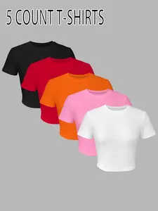Women's Solid Round Neck Crop Tee, Casual Short Sleeve Crew Neck Basic T-shirt for Fall & Winter, Ladies Clothes for Daily Wear, Womenswear