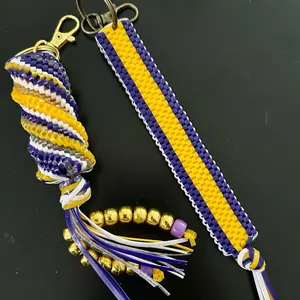 2 for 1! Purple and Gold Boondoggle Colorful Bag Charms with Plastic Lanyard String Adorable Spiral Stitch Design Nostalgic Collectible