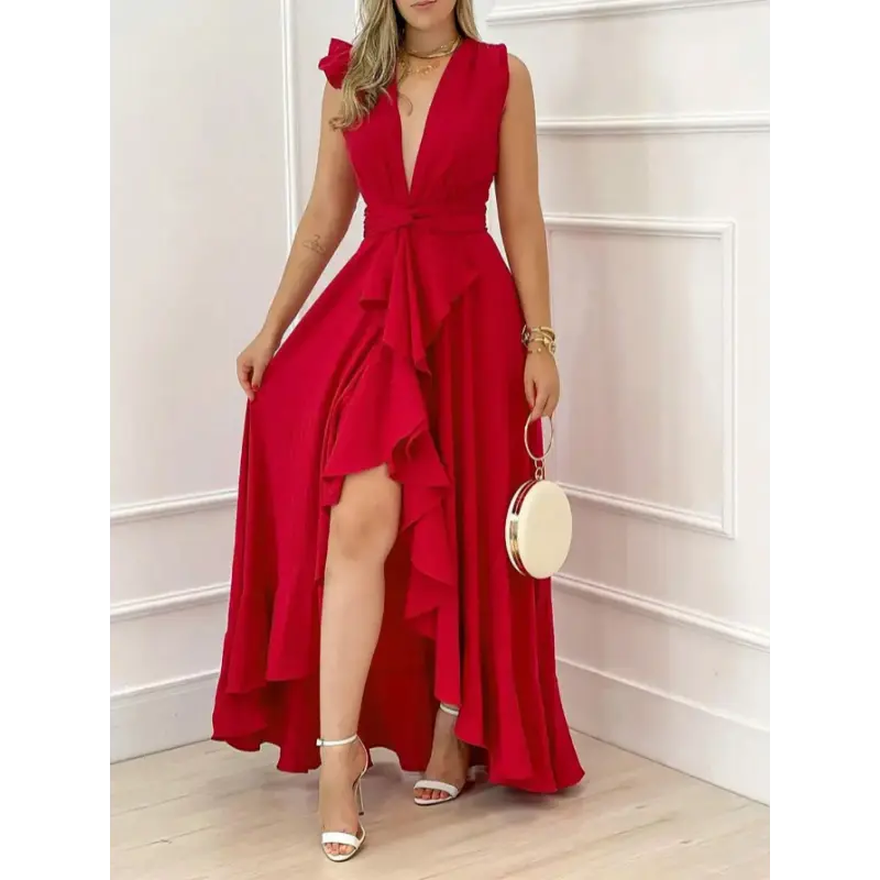 SHEIN Clasi Women's Pleated Waist High Low Hem Sleeveless Dress For New Year Clothes Maxi Women Outfit