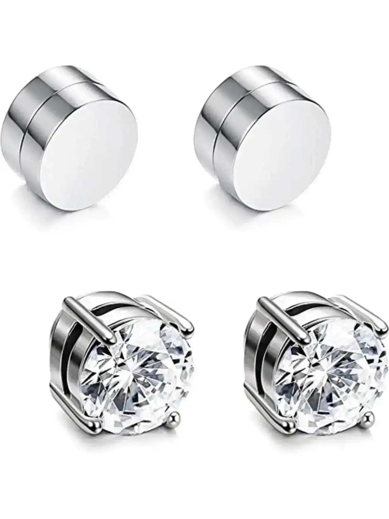 2026 New Model Magnetic Ear Cuff Set, Non-Piercing Silver Color Cubic Zirconia Earrings, Unisex Stainless Steel Jewelry, 4 Piece Kit, Studs, Earcuff Crystal Daily Lightweight Zircon Sparkling Comfort Stunning Gift Trendy