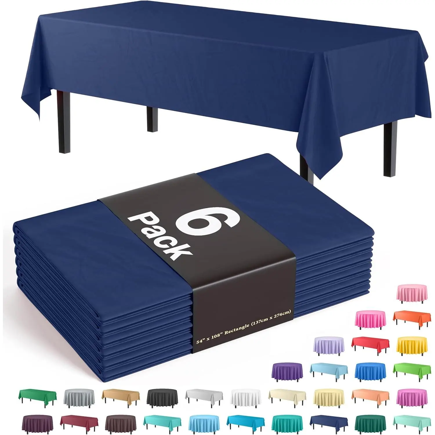6-Pack Premium Solid Plastic Rectangle Tablecloth, 54In. X 108In. Plastic Table Cover - Navy (for Home, Festive & Party Supplies)