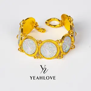 YEAHLOVE Iridescent Crystal Link Bracelet  Gold-tone + holographic rainbow stones — bold retro statement style. Perfect for daily wear, parties, evenings out, or a stunning gift.