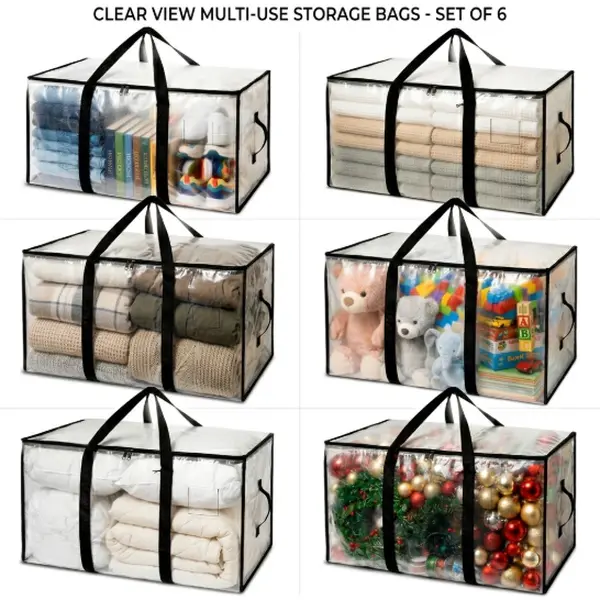 180GSM Heavy Duty Clear Moving Storage Bags, Large Capacity Woven Clothes Organizer Tote, Reinforced Handle Dual Zipper Under Bed Storage Bag for Clothing Bedding Dorm Home Moving Organization