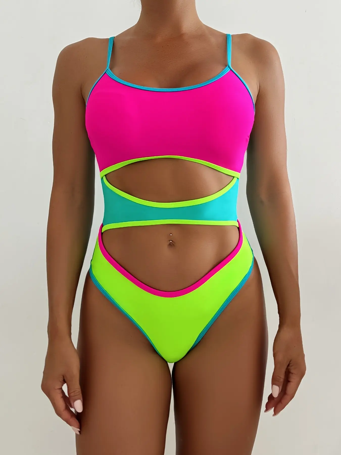 Fluo Four-Color One-Piece Swimsuit with Adjustable Straps, Front Waist Hollow-Out Design, Slim-Fit Swimwear for Women, Swimsuit For Beach, Cutout Swimwear, Beachwear Swimsuit