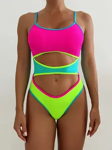 Fluo Four-Color One-Piece Swimsuit with Adjustable Straps, Front Waist Hollow-Out Design, Slim-Fit Swimwear for Women, Swimsuit For Beach, Cutout Swimwear, Beachwear Swimsuit