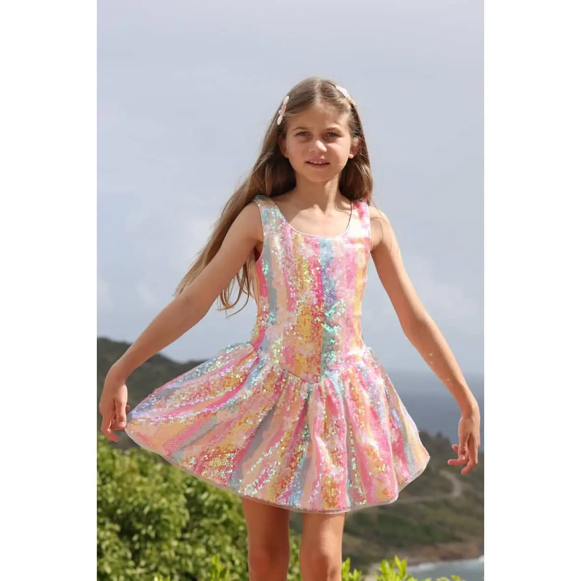 Women's Rainbow Stripe Sequin Party Dress, Casual Fit and Flare Style with Daisy Details, Fully Lined for Comfort, Stripes, Fitted, Flared