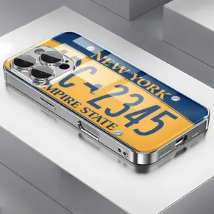 New York License Plate Pattern Glass Phone Case, Designed with Classic State Emblem , Suitable for Iphone 17 Air 16 15 Pro Max 14 Plus 13, 12 And 11 Pro Models, Glass Material, Shockproof Protection.