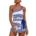 Aleumdr Women's 2-Piece Floral Nylon-Synthetics Tankini Swim Dress - 1-Shoulder Chic, Adjustable Strap, Waist Tie, Ruched Detail, Flattering Tummy Control, Quick Dry Skirt Bathing Suit for Summer Vacations