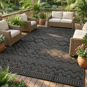Black/Gray 8x10 Outdoor Waterproof Reversible Rug, Plastic Straw RV Mat, Stain-Resistant Indoor Outdoor Carpet for Patio, Deck, Balcony, Picnic & Beach