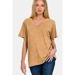 Zenana Full Size Washed Short Sleeve V-Neck T-Shirt