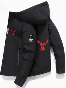 Men's Lightweight Deer Print Zipper Jacket, Windproof Hooded Riding Coat, Durable Polyester Outdoor Gear, All Seasons