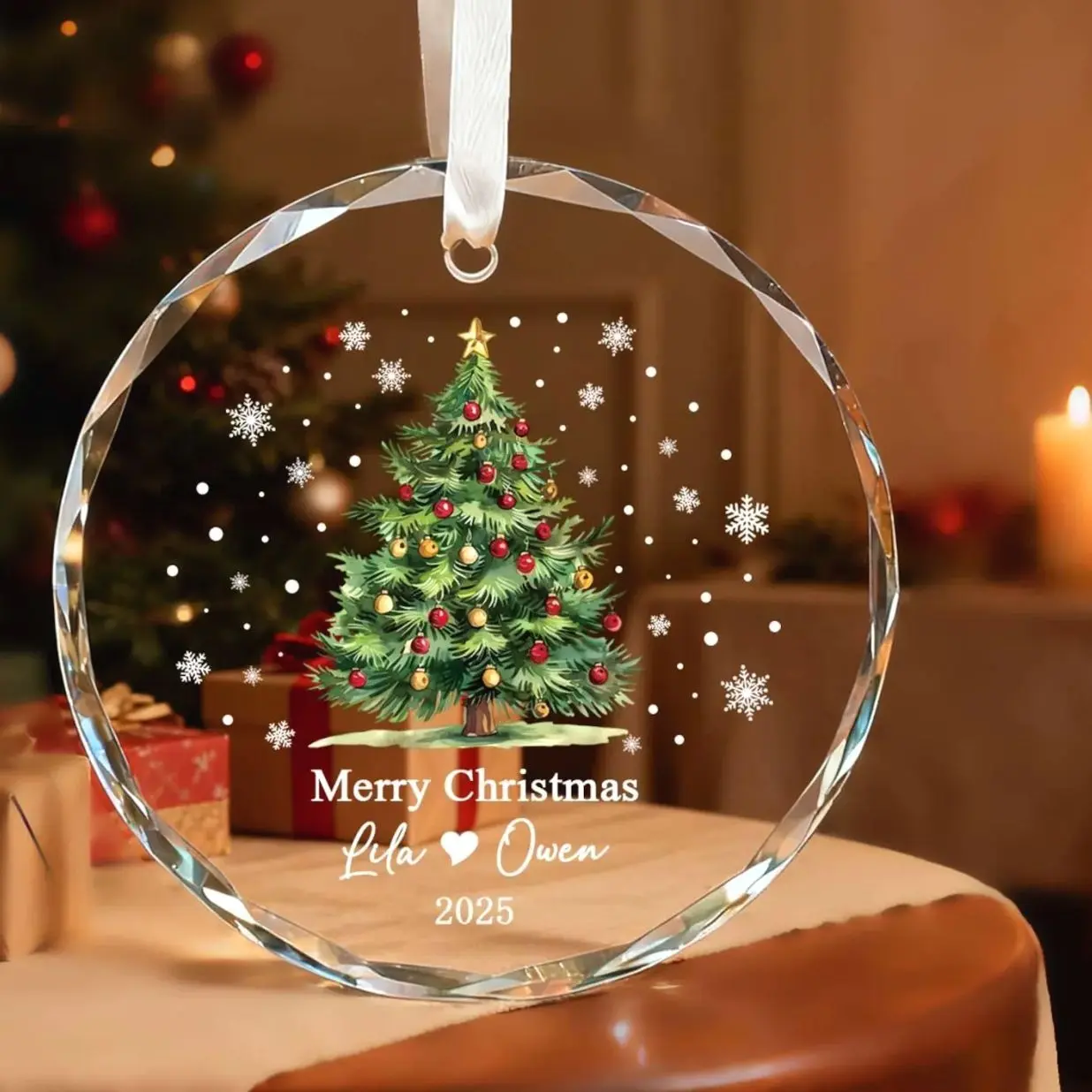 Personalized Christmas Tree  Glass Ornament, Custom Name Keepsake, Couple Holiday Decor Gift