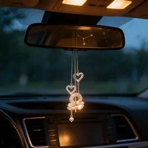 Sparkling Zodiac Heart Feather Car Pendant, Luxury High-End Car Interior Decoration, Rearview Mirror Ornament for Women, Car Hanging Decoration