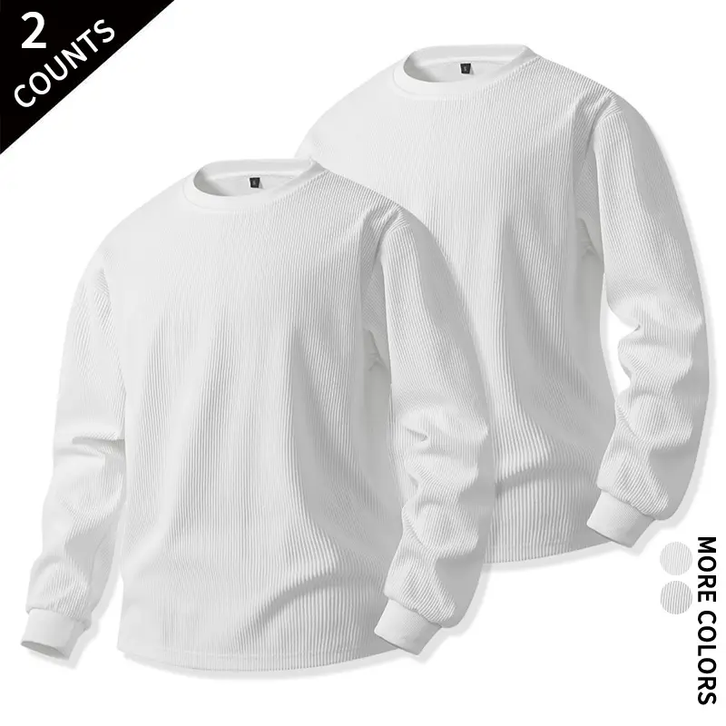 2 Packs Men Vertical Ribbed Crew Neck Long Sleeve Tees, Loose Layering Basic Inner Tops for Daily Commute & Autumn Loungewear
