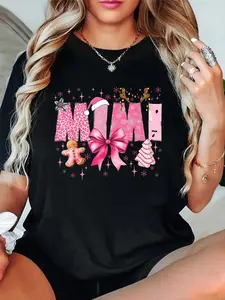 Mimi Cute Pink Coquette Bow Christmas Matching Family Xmas T-Shirt women's graphic tees fall shirts Casual All-Season Sportswear,Round Neck, Short Sleeve, Machine Washable
