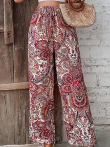 Boho Paisley Print Women's Long Pants, Elastic Waist Tie Design, Loose Fit, Bow Detail, Perfect for Vacation and Daily Wear, Spring Summer Fall Comfort