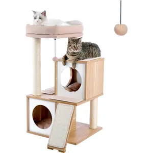 PAWZ Road Cat Tree 35 Inches Wooden Cat Tower with Double Condos, Spacious Perch, Fully Wrapped Scratching Sisal Posts and Replaceable Dangling Balls-Walnut