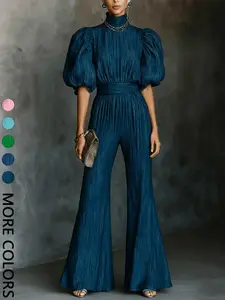 This Elegant Textured Fitted Jumpsuit is Old Minimalist Chic ✨ | Puff Sleeve Belted High Waist Flare Jumpsuit