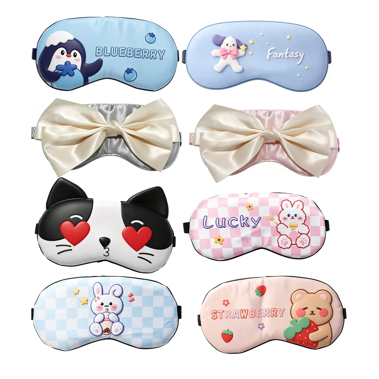 7Pcs Cute Cartoon Silk Sleep Eye Mask, Lightweight Adjustable Eyeshade, Soft Mulberry Silk Cover for Sleeping, Travel, Nap for Women and Men