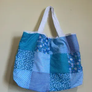 Blue Patchwork Tote Bag with Lace Straps - Stylish Blue Floral and Polka Dot Design Handbag