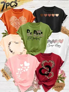 Women's 7-Pack Casual Short-Sleeve Crew Neck T-Shirt, Leopard Print Heart Inspirational Slogan Print, Multiple Colors Available, Machine Washable, Spring & Summer Top, Soft Skin-Friendly Fabric, Daily Versatile, Fashion Design, Womenswear
