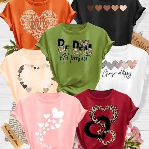 Women's 7-Pack Casual Short-Sleeve Crew Neck T-Shirt, Graphic Tee, Leopard & Heart & Inspirational Slogan Print, Multiple Colors Available, Machine Washable, Spring & Summer Top, Soft Skin-Friendly Fabric, Versatile Fashion Womenswear for Daily Wear