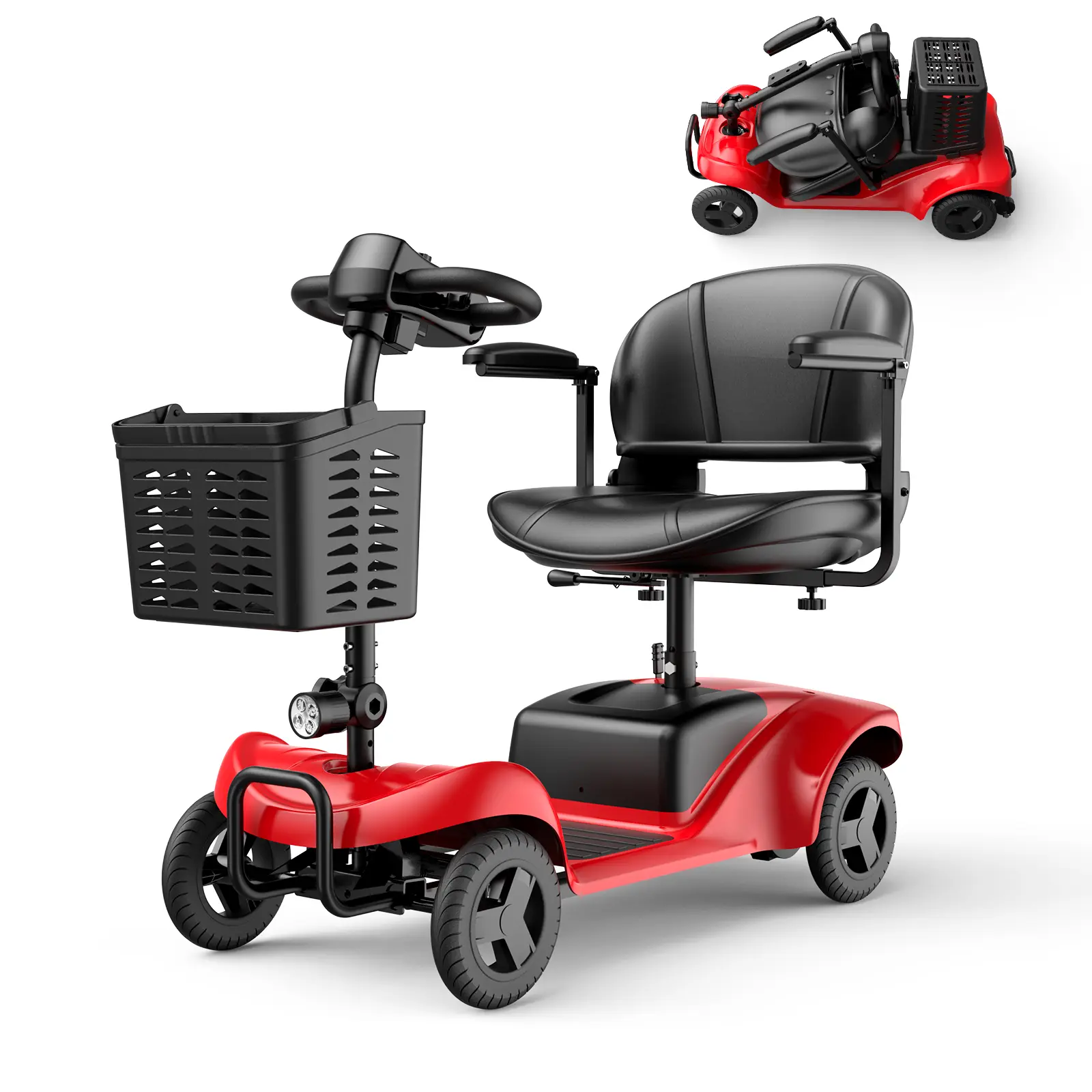 Folding Commuter Electric Mobility Scooter for Seniors - 4-Wheel, 15 Mi Range, Dual Basket, 300 lb Capacity, Compact Red Medical Mobility Device, Folding Commuter Scooter