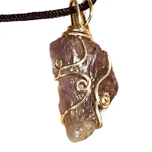 Raw Amethyst Crystal Pendant Wrapped in Gold Tone Solid Copper Statement Piece for Bold Style
