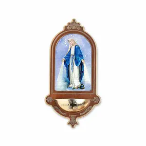 Birch Wood wall holy water font with image of the Virgin of the Miraculous Medal