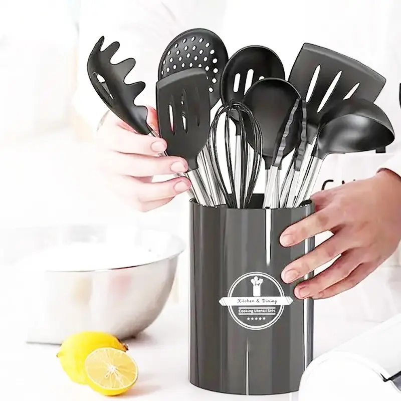 15-Piece Silicone Kitchen Utensil Set with Stainless Steel Handles - Heat-Resistant, Kitchen Accessories, Silicone Cooking Utensils, Non-Stick Cookware Essentials with Storage Container - Dishwasher Safe Cooking Tools for Everyday Use - Home Kitchen Use