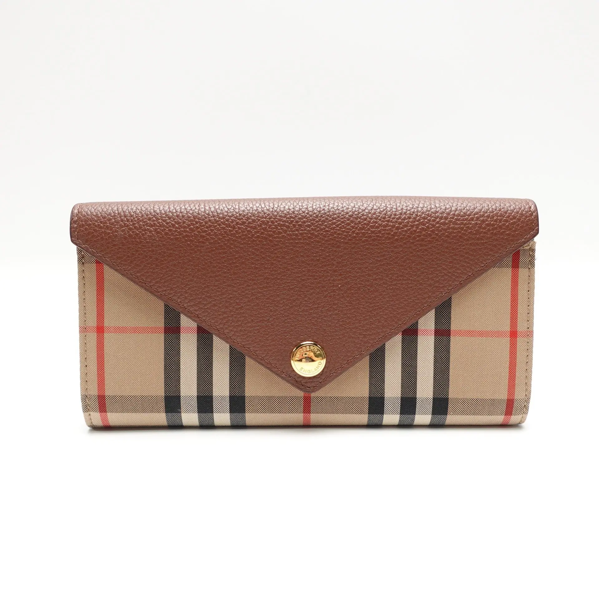 Pre-owned BURBERRY checked canvas with leather trim Continental Wallet Vintage Check Brown Leather T10430357