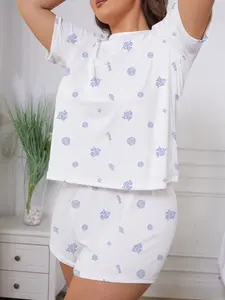 Women's Summer Sleepwear Pajama Set, Oceanic Elements Print, Loose Fit Short Sleeve Shirt & Elastic Shorts, Casual Home Wear