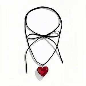 Chunky Puffy Heart Choker Necklace for Women Big Red Glass Heart Pendant with Leather Rope Chain Adjustable Goth Black Velvet Y2K Trendy Jewelry Gifts funky