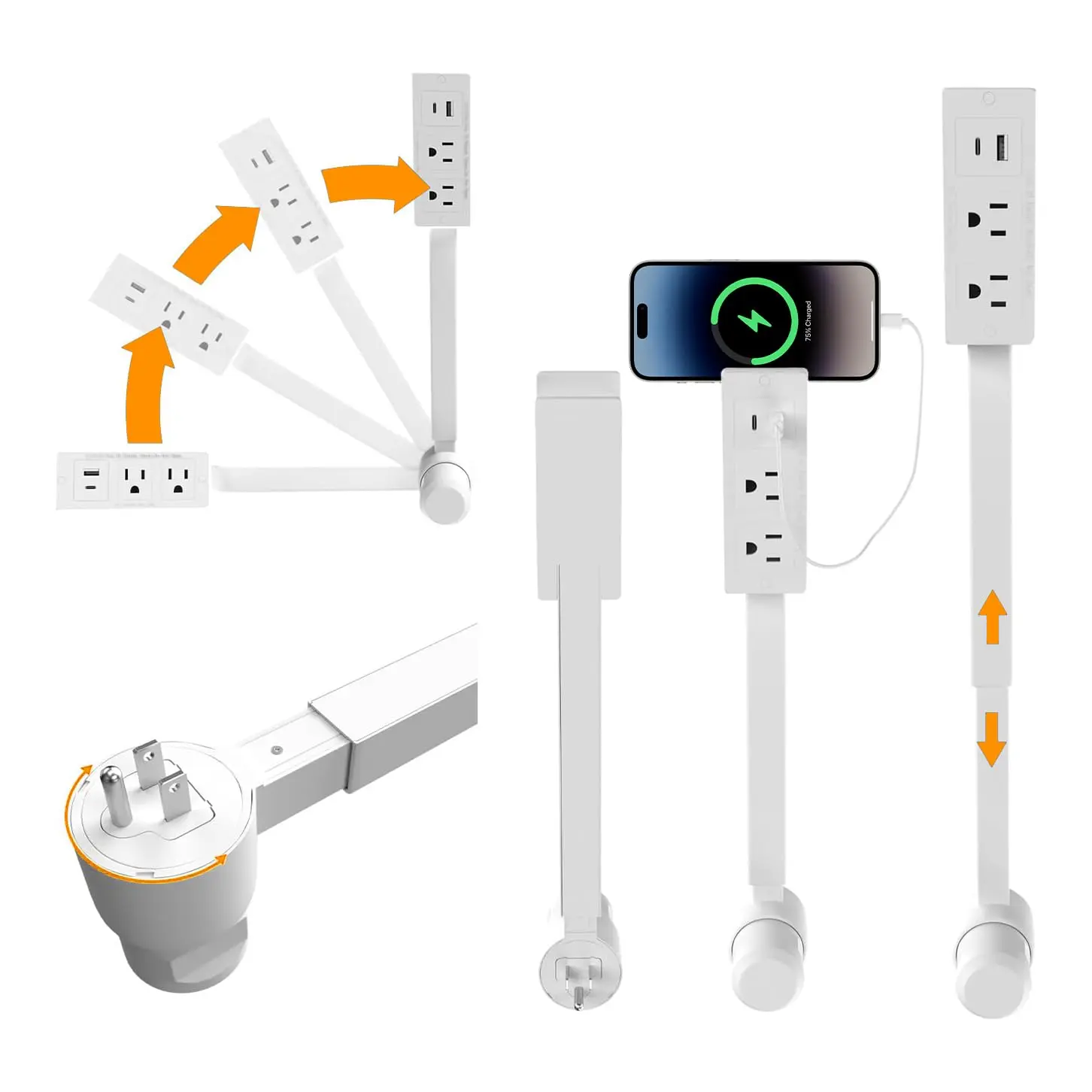 Wall Outlet Extender, Socket Holder Accessory, Hard-to-Reach Outlet Access Solution, USB-A & USB-C Ports, Phone Charging Ledge, Socket Saver, USB Plug, Charges Phones