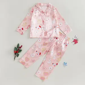 Kids Toddler Baby Girl Christmas Pajama Sets Gingerbread Man/Candy Cane Print Lapel Neck Button-up Tops Long Pant Loungewear