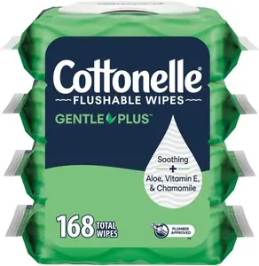 4 Flip-Top Packs 168 Count Gentle Plus Flushable Wet Wipes with Aloe & Vitamin E