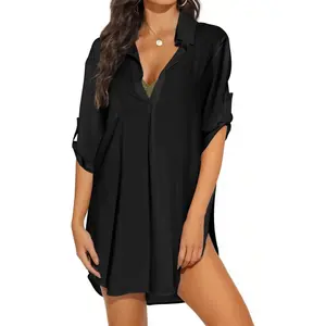 Women's swimsuit smock, V-neck women's bathrobe smock, 3/4 sleeve bikini smock beach dress