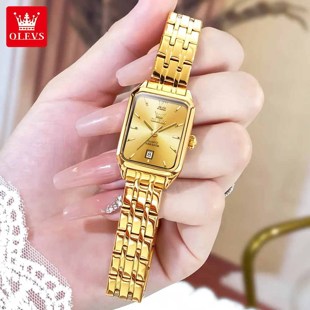 OLEVS Watches for Women, Elegant Blue and Gold Fashion Square Quartz Wristwatch, Glass and Metal with Stainless Steel Strap and Date Display, Blue Square Quartz Watches, Dressy Quartz Watches
