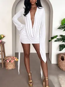 Women's Aphrodite Drape Long-Sleeve Mesh Cowl Bodycon Strappy Sexy Mini Dress, Elegant Casual Womenswear