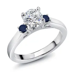 Gem Stone King 0.86 Cttw Lab Grown Diamond and Blue Sapphire Engagement Ring For Women | 925 Silver | Round 6MM | Gemstone Birthstone | Three Stone Wedding Engagement Anniversary Ring