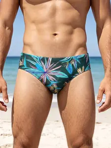 Men's Leaf Print Triangle Swim Trunks, High Stretch Quick-Dry Breathable, Ideal for Summer Beach, Pool, Surfing, Fitness, Boxing