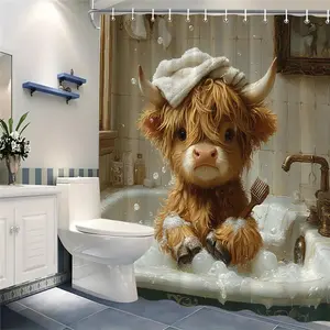 Funny Highland Cow Shower Curtain Set, Vintage Bathroom Decor, Bathroom Decoration Accessories, Fluffy Bull Design, Polyester, Includes 12 Hooks, 70.86x70.86 Inches, Bathroom Curtains