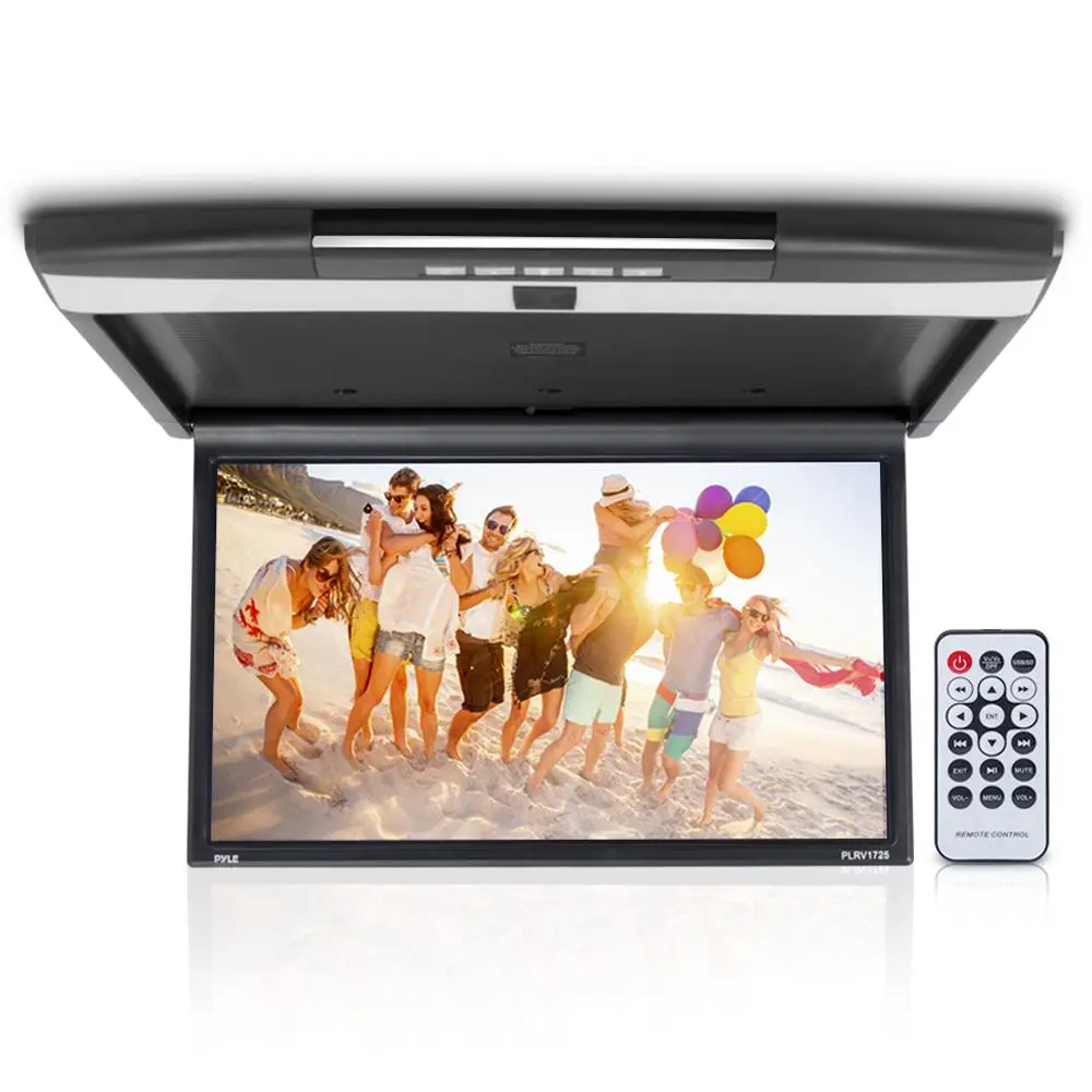 17.3 in Car Overhead Flip-Down Monitor Media Player - 1080p HD LCD Video Entertainment System with HDMI, USB, SD, Built-in IR Transmitter, Button Controls, Car Media Player